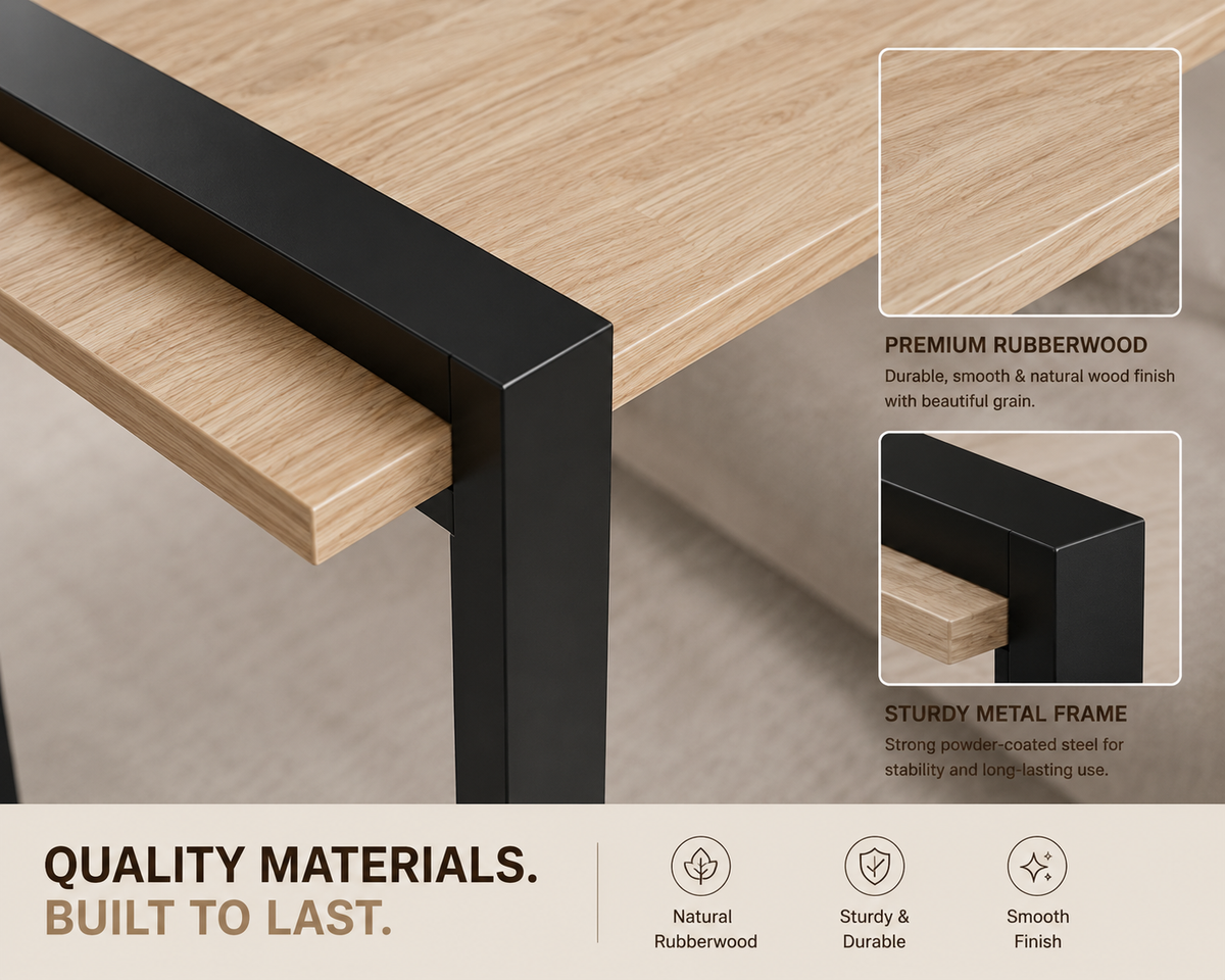 Premium Rubber Wood C Table for Sofa | Metal Frame Side Table for Living Room