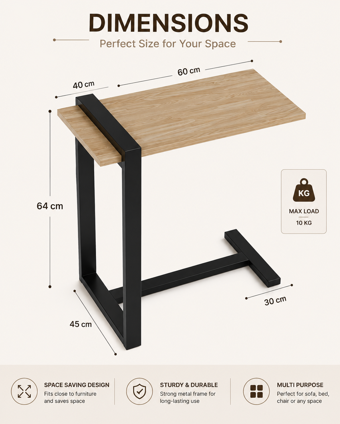 Premium Rubber Wood C Table for Sofa | Metal Frame Side Table for Living Room