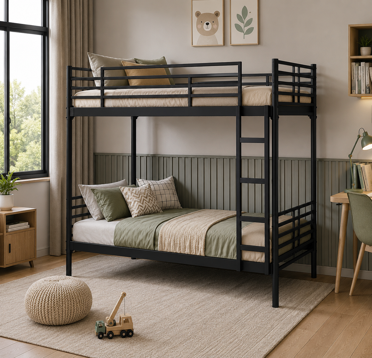 ANISHWAR Metal Bunk Bed for Kids & Adults | Double Decker Bunk Bed with Ladder & Safety Rails | Strong Metal Frame | Space Saving Twin Bunk Bed | Black
