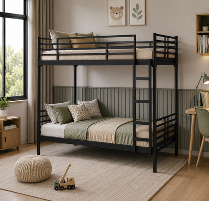 ANISHWAR Metal Bunk Bed for Kids & Adults | Double Decker Bunk Bed with Ladder & Safety Rails | Strong Metal Frame | Space Saving Twin Bunk Bed | Black