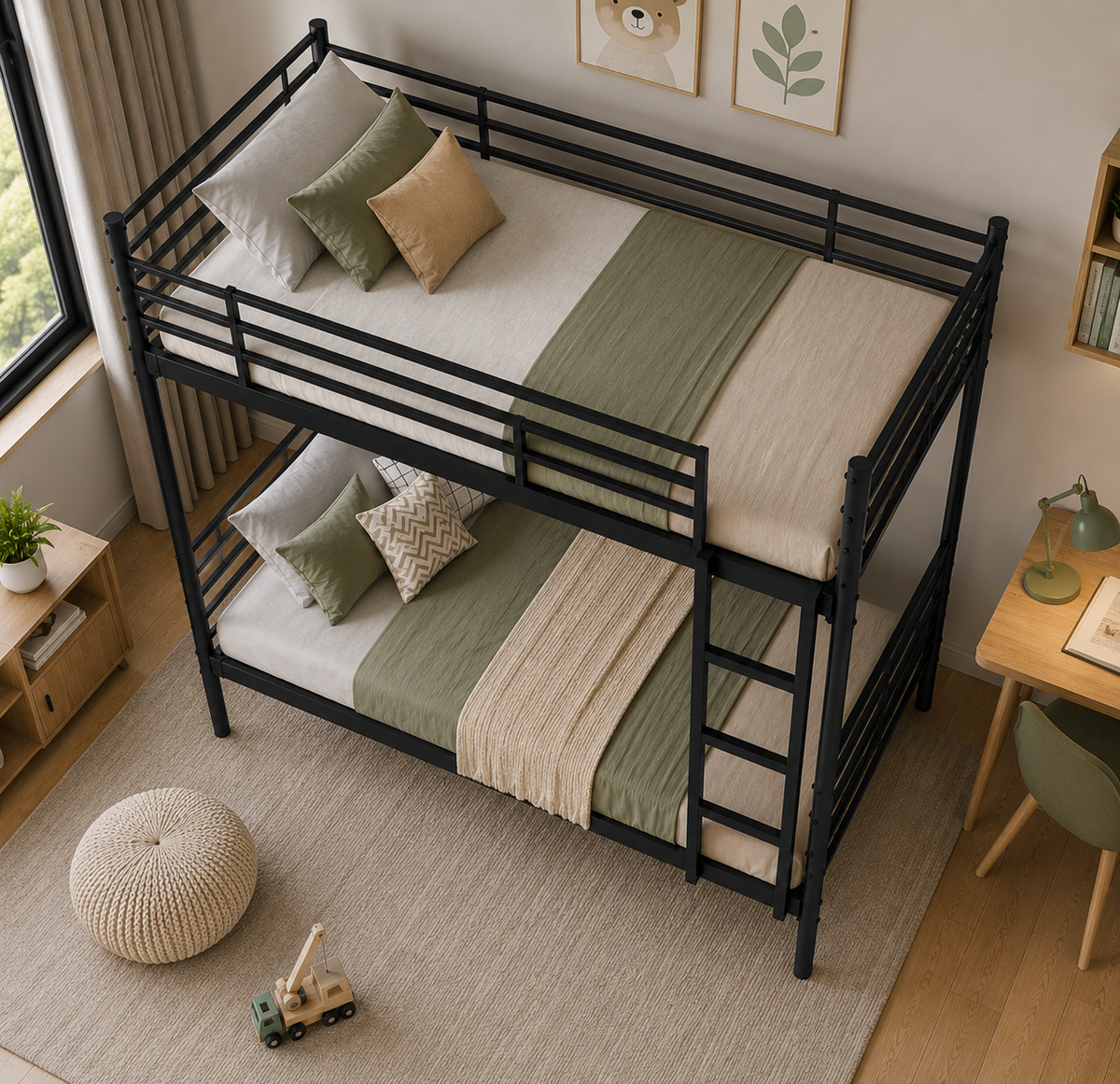 ANISHWAR Metal Bunk Bed for Kids & Adults | Double Decker Bunk Bed with Ladder & Safety Rails | Strong Metal Frame | Space Saving Twin Bunk Bed | Black