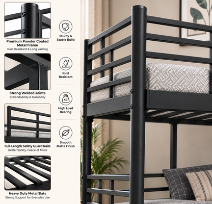 ANISHWAR Metal Bunk Bed for Kids & Adults | Double Decker Bunk Bed with Ladder & Safety Rails | Strong Metal Frame | Space Saving Twin Bunk Bed | Black