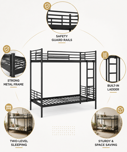 ANISHWAR Metal Bunk Bed for Kids & Adults | Double Decker Bunk Bed with Ladder & Safety Rails | Strong Metal Frame | Space Saving Twin Bunk Bed | Black
