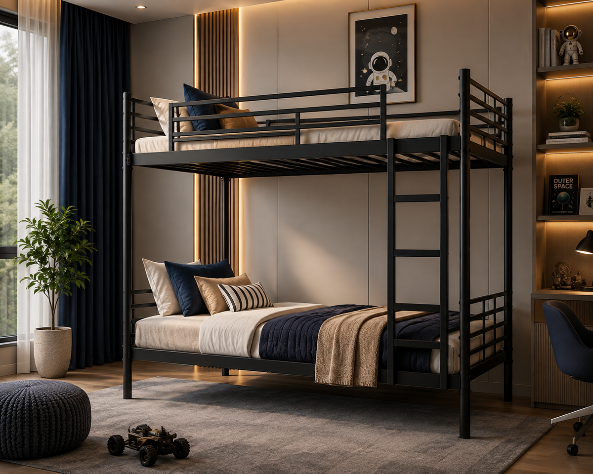 ANISHWAR Metal Bunk Bed for Kids & Adults | Double Decker Bunk Bed with Ladder & Safety Rails | Strong Metal Frame | Space Saving Twin Bunk Bed | Black