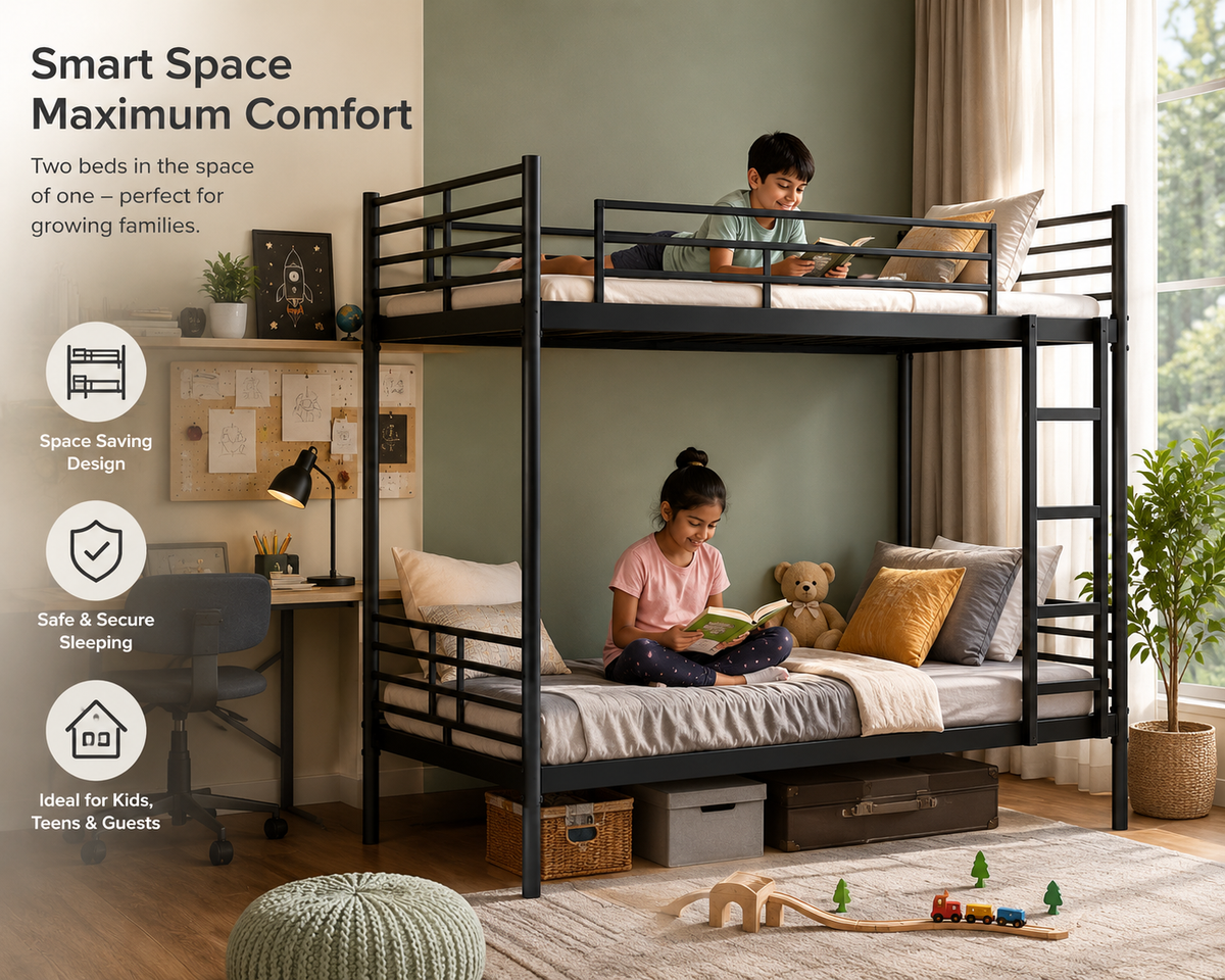 ANISHWAR Metal Bunk Bed for Kids & Adults | Double Decker Bunk Bed with Ladder & Safety Rails | Strong Metal Frame | Space Saving Twin Bunk Bed | Black