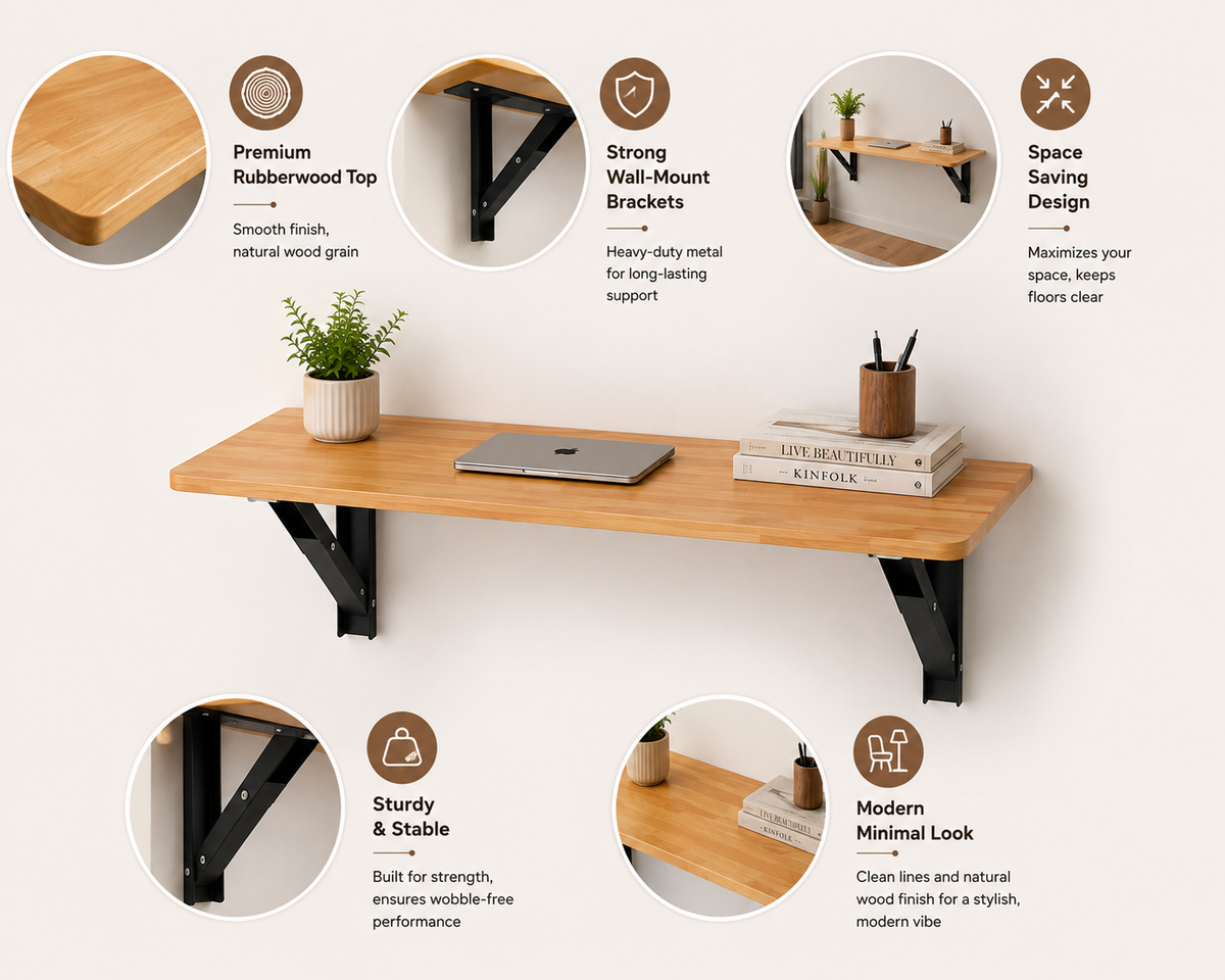 ANISHWAR Space Saver Wall Mounted Folding Table | 76x38 cm Foldable Desk for Home Office, Laptop & Kitchen