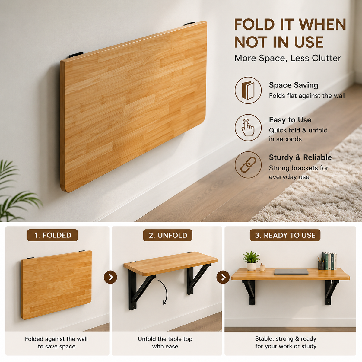 ANISHWAR Space Saver Wall Mounted Folding Table | 76x38 cm Foldable Desk for Home Office, Laptop & Kitchen