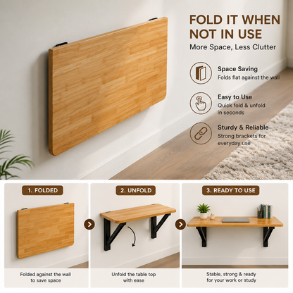 ANISHWAR Space Saver Wall Mounted Folding Table | 76x38 cm Foldable Desk for Home Office, Laptop & Kitchen