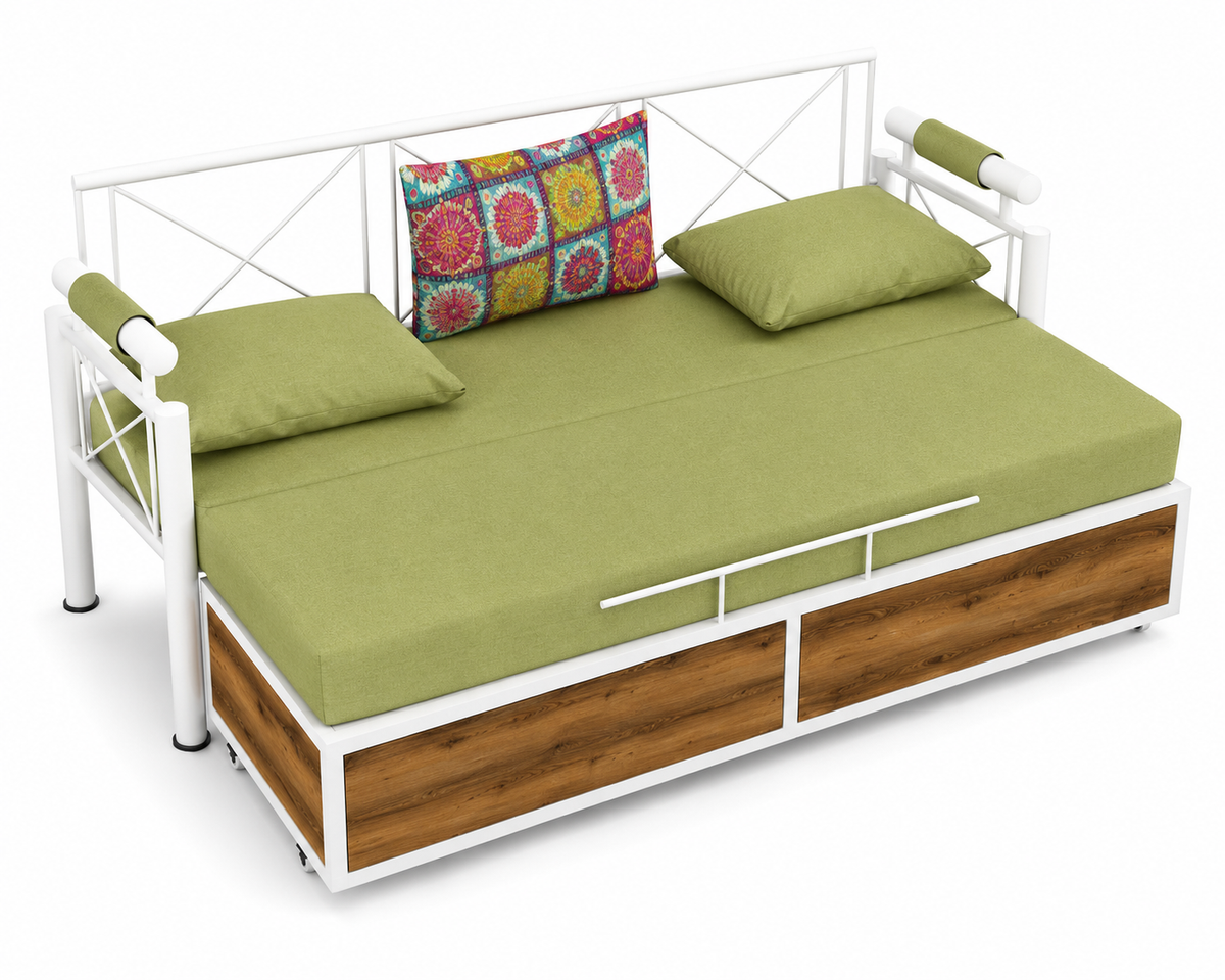ANISHWAR Sofa Cum Bed for Living Room | King Size Sofa Cum Bed with Cushioned Mattress | Strong Metal Frame with Wooden Finish Panels | 78 × 48 Inches | Modern Convertible Sofa Bed