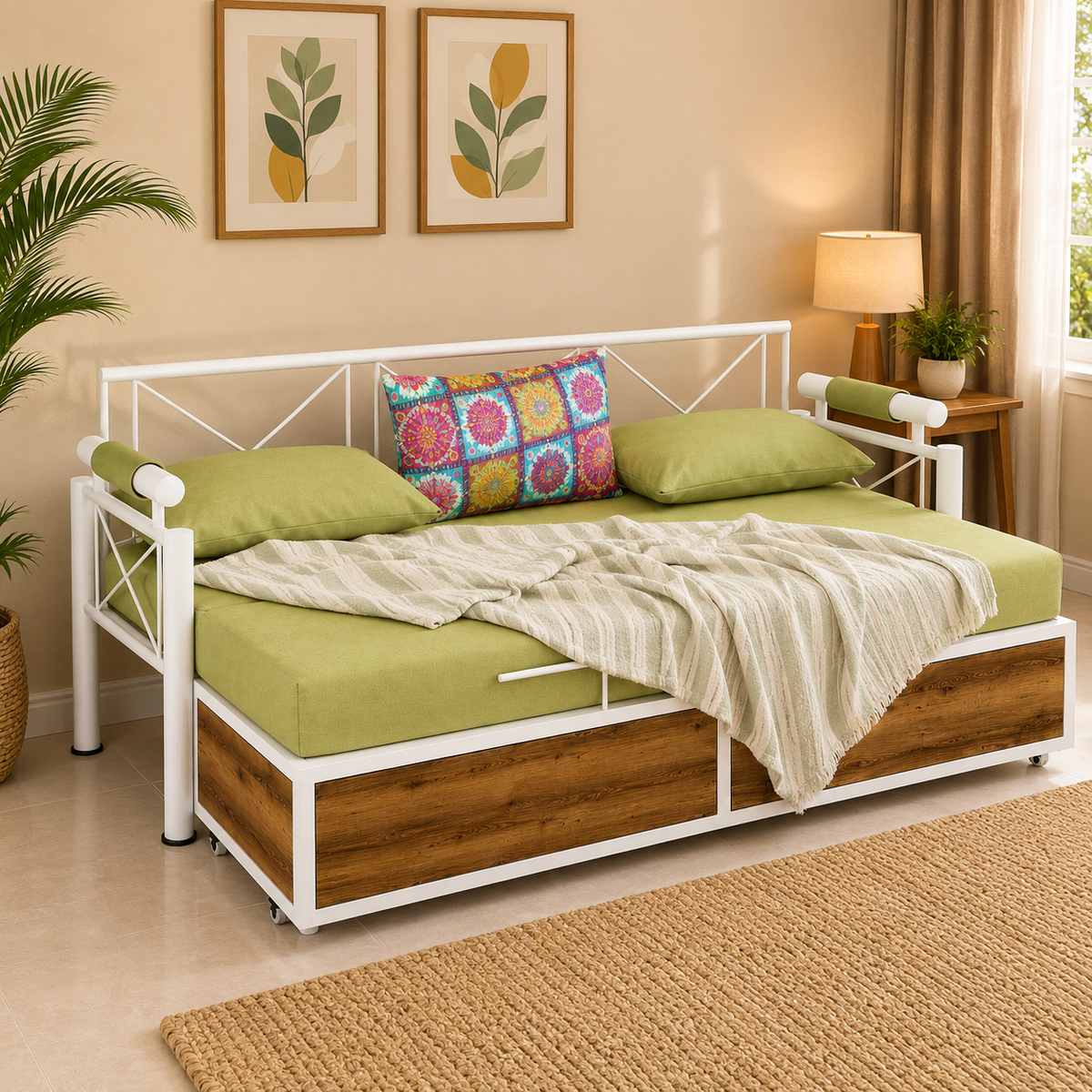 ANISHWAR Sofa Cum Bed for Living Room | King Size Sofa Cum Bed with Cushioned Mattress | Strong Metal Frame with Wooden Finish Panels | 78 × 48 Inches | Modern Convertible Sofa Bed