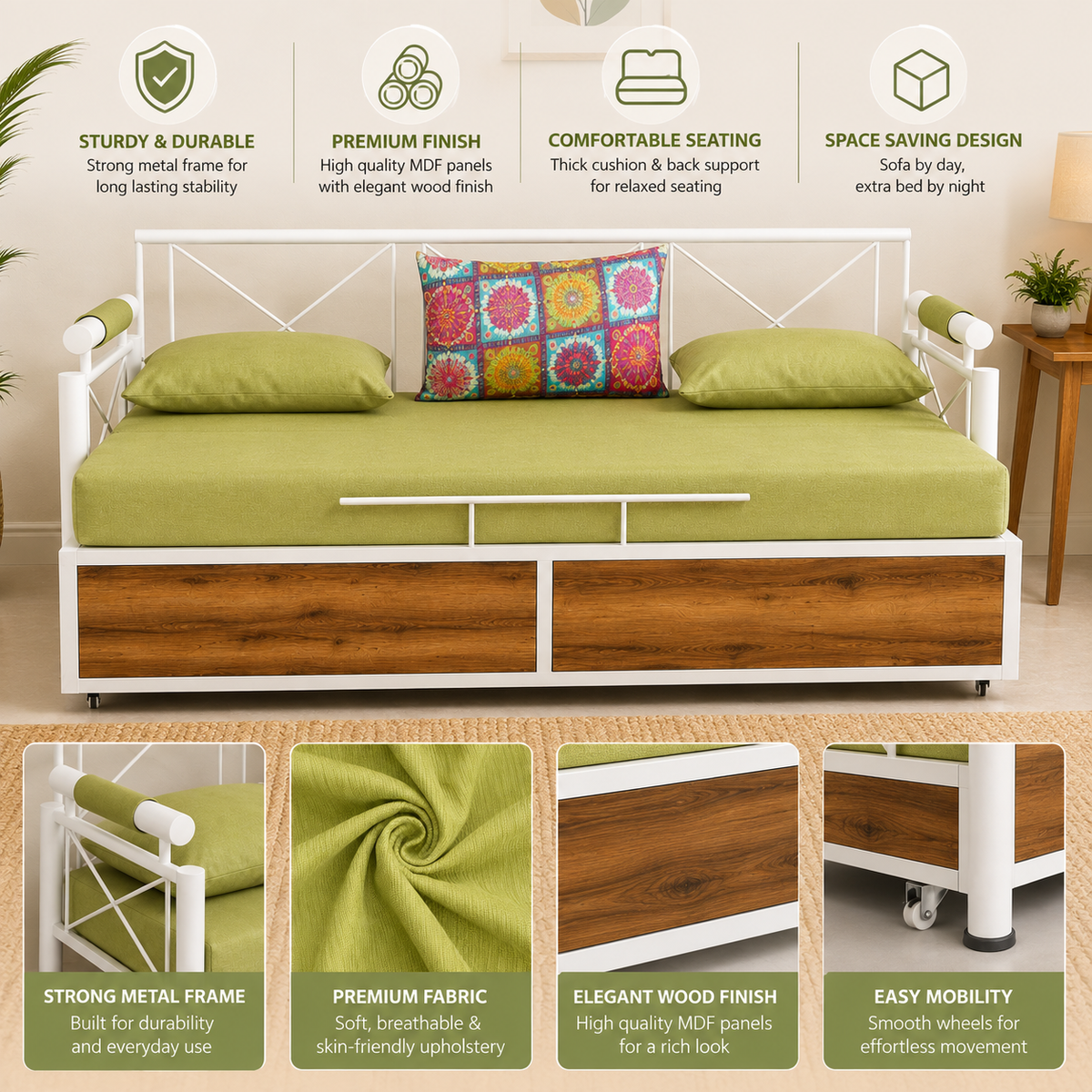 ANISHWAR Sofa Cum Bed for Living Room | King Size Sofa Cum Bed with Cushioned Mattress | Strong Metal Frame with Wooden Finish Panels | 78 × 48 Inches | Modern Convertible Sofa Bed