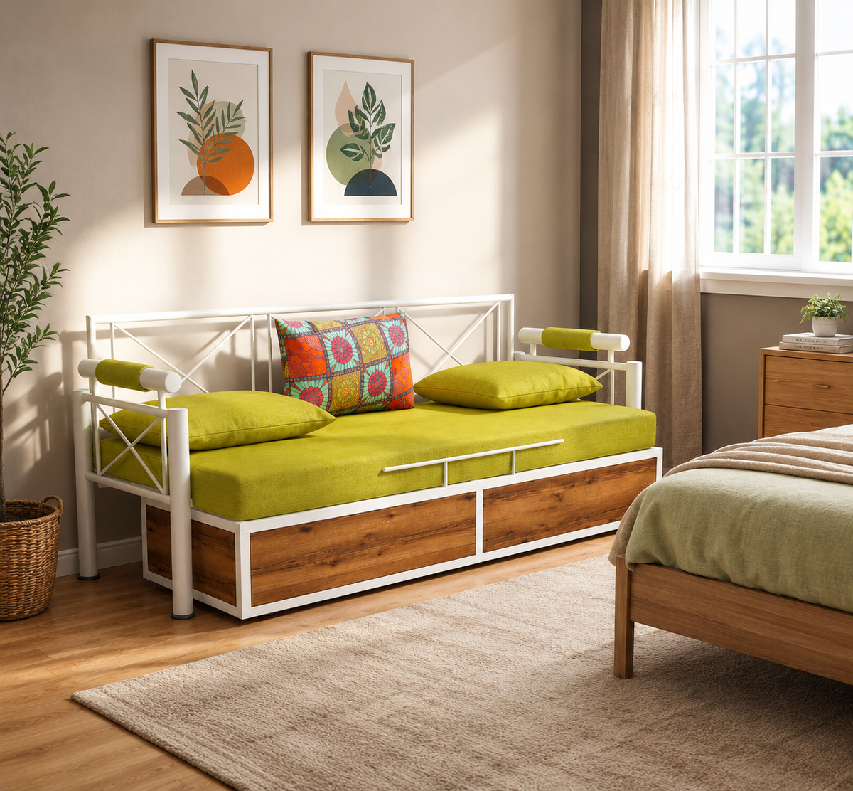 ANISHWAR Sofa Cum Bed for Living Room | King Size Sofa Cum Bed with Cushioned Mattress | Strong Metal Frame with Wooden Finish Panels | 78 × 48 Inches | Modern Convertible Sofa Bed