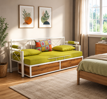 ANISHWAR Sofa Cum Bed for Living Room | King Size Sofa Cum Bed with Cushioned Mattress | Strong Metal Frame with Wooden Finish Panels | 78 × 48 Inches | Modern Convertible Sofa Bed