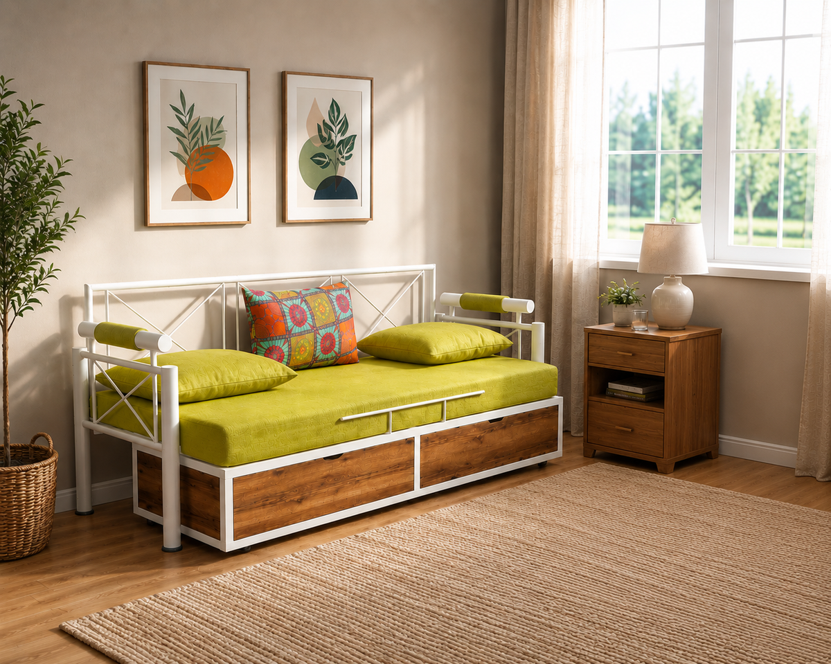 ANISHWAR Sofa Cum Bed for Living Room | King Size Sofa Cum Bed with Cushioned Mattress | Strong Metal Frame with Wooden Finish Panels | 78 × 48 Inches | Modern Convertible Sofa Bed