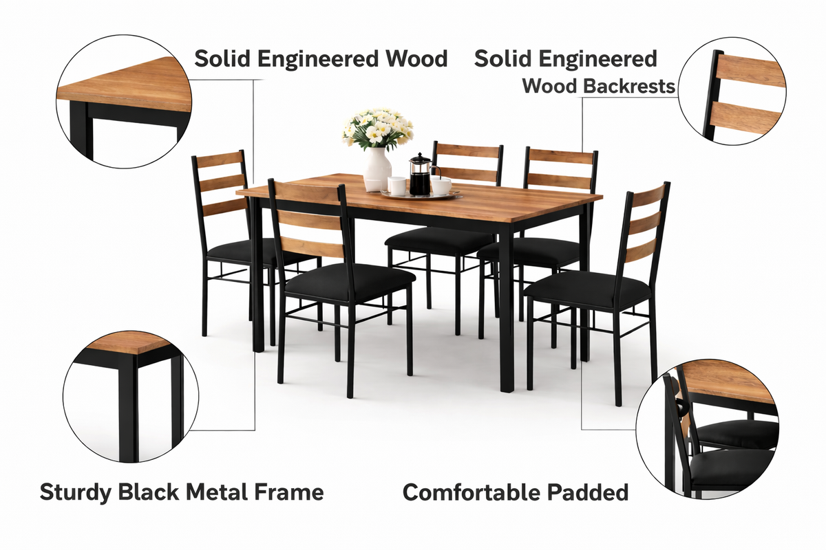 ANISHWAR 6 Seater Dining Table Set with 6 Chairs | 59 × 35.5 × 29.5 Inch Dining Table | Premium Wooden Finish Top | Strong Metal Frame