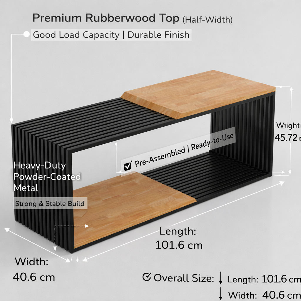 ANISHWAR Premium Rubberwood Coffee Table | Modern Metal Frame Center Table | 40×16×17 Inch