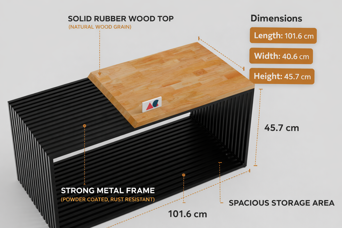 ANISHWAR Modern Coffee Table | Premium Rubberwood Top with Metal Frame | 40×16×17 Inch