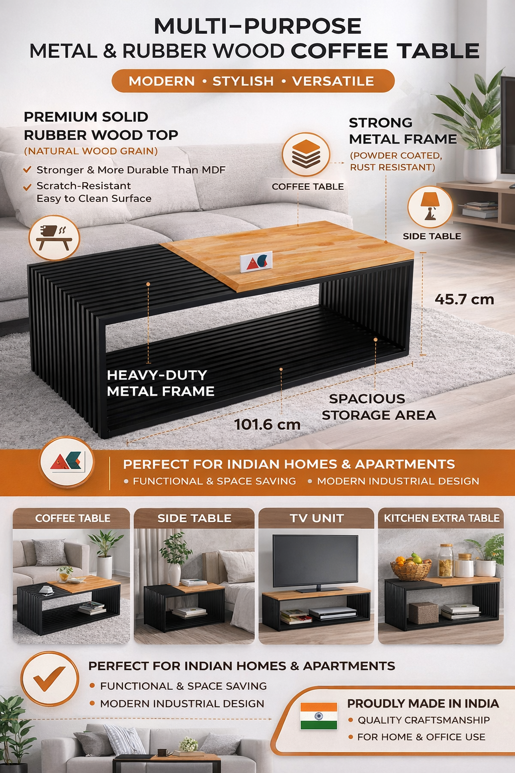 ANISHWAR Modern Coffee Table | Premium Rubberwood Top with Metal Frame | 40×16×17 Inch
