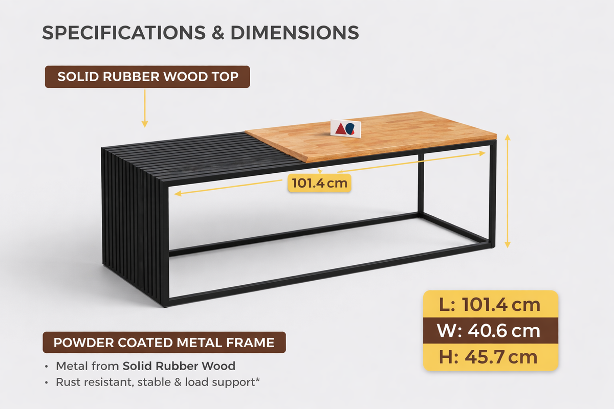ANISHWAR Metal Coffee Table with Solid Rubberwood Top, Contemporary Style, Rectangular Shape, Black and Wood Finish, Heavy Duty Powder Coated Frame