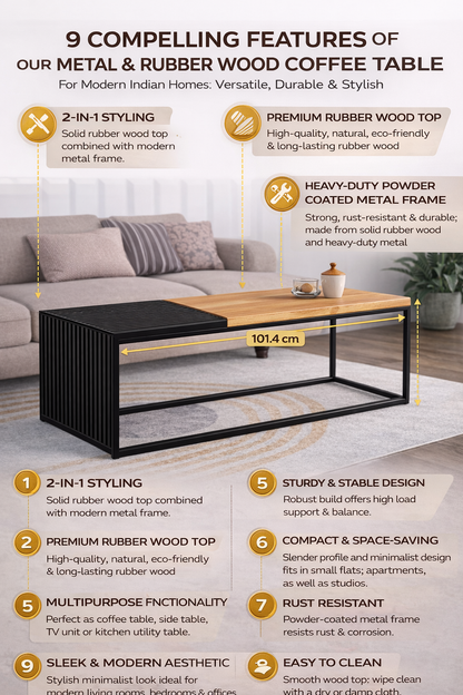 ANISHWAR Metal Coffee Table with Solid Rubberwood Top, Contemporary Style, Rectangular Shape, Black and Wood Finish, Heavy Duty Powder Coated Frame