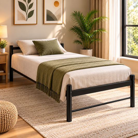ANISHWAR Single Metal Bed Frame | Strong Steel Bed with Support Bars | Black Finish | 72×36×16 Inch | Easy Assembly