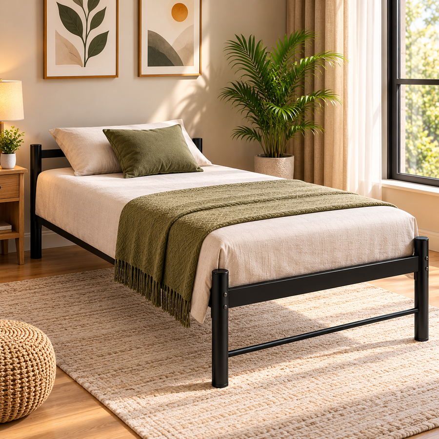 ANISHWAR Single Metal Bed Frame | Strong Steel Bed with Support Bars | Black Finish | 72×36×16 Inch | Easy Assembly