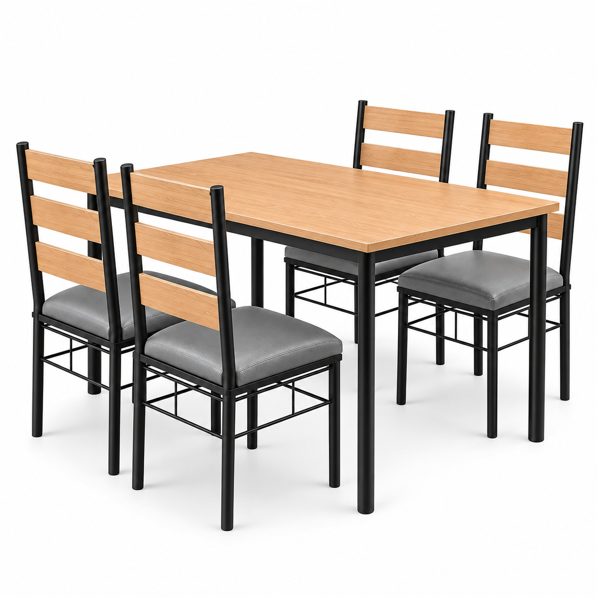 4 Seater Dining Table Set for Home | 48 × 30 Inch Wooden Finish Dining Table with 4 Grey Cushioned Chairs | Strong Black Metal Frame | Modern Dining Set for 4