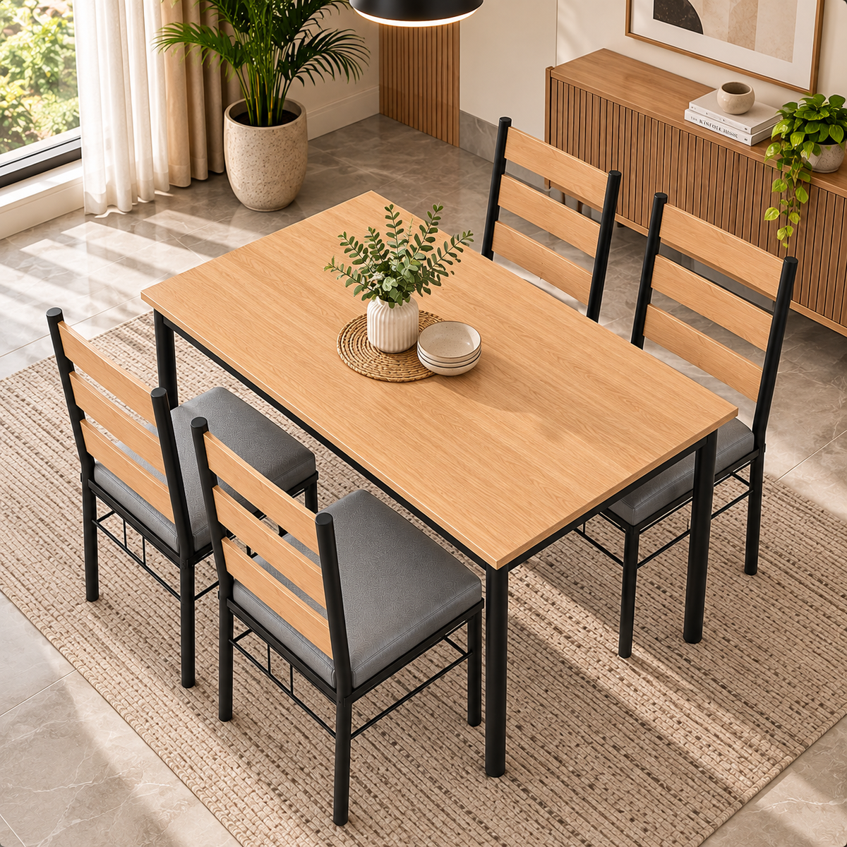 4 Seater Dining Table Set for Home | 48 × 30 Inch Wooden Finish Dining Table with 4 Grey Cushioned Chairs | Strong Black Metal Frame | Modern Dining Set for 4