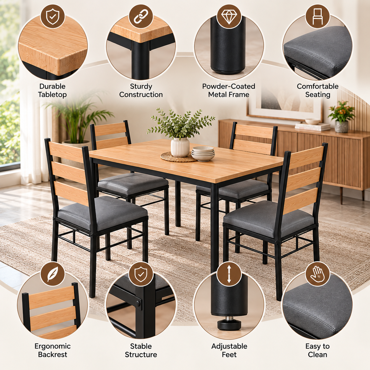 4 Seater Dining Table Set for Home | 48 × 30 Inch Wooden Finish Dining Table with 4 Grey Cushioned Chairs | Strong Black Metal Frame | Modern Dining Set for 4