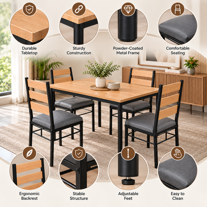 4 Seater Dining Table Set for Home | 48 × 30 Inch Wooden Finish Dining Table with 4 Grey Cushioned Chairs | Strong Black Metal Frame | Modern Dining Set for 4