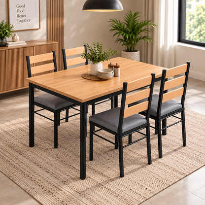 4 Seater Dining Table Set for Home | 48 × 30 Inch Wooden Finish Dining Table with 4 Grey Cushioned Chairs | Strong Black Metal Frame | Modern Dining Set for 4