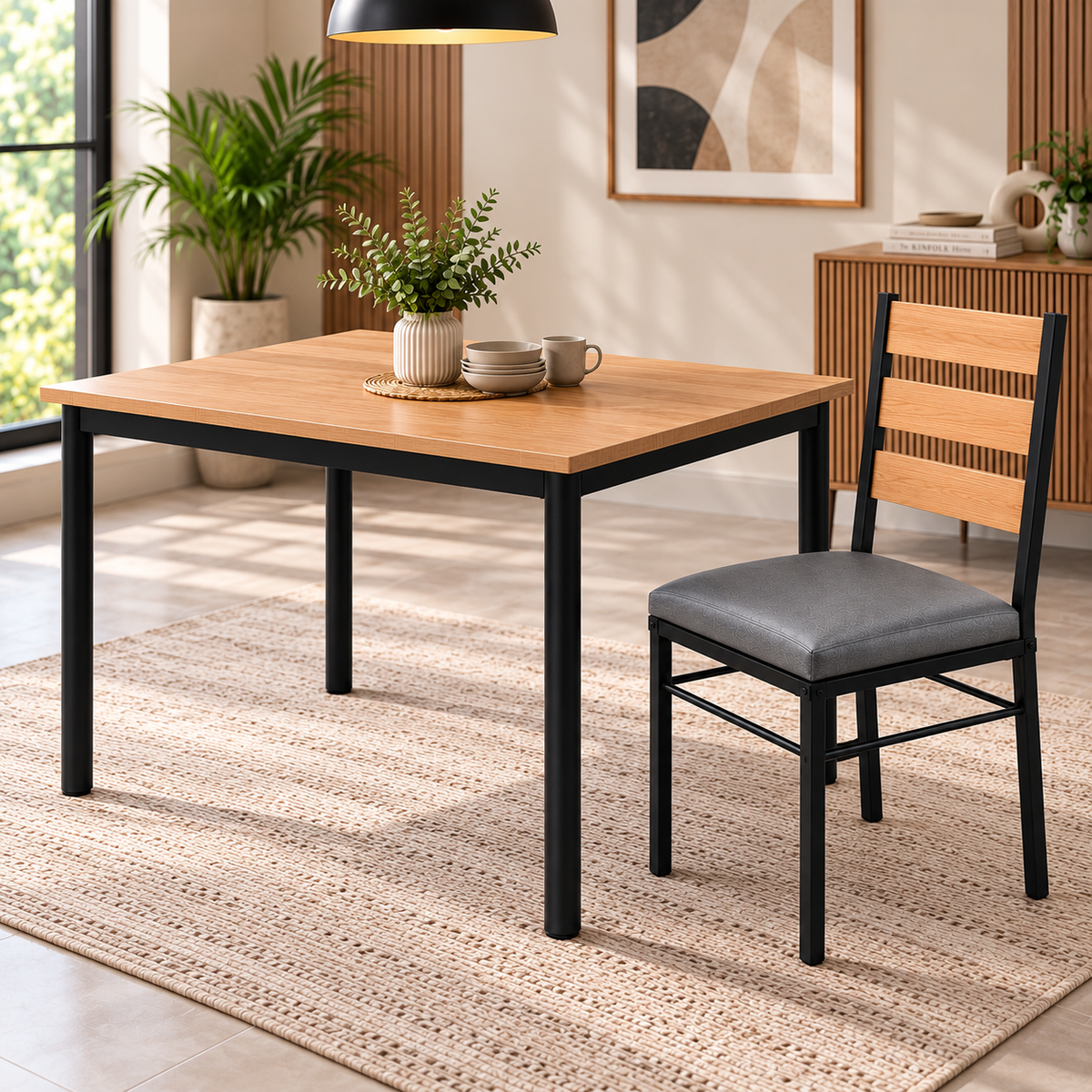 4 Seater Dining Table Set for Home | 48 × 30 Inch Wooden Finish Dining Table with 4 Grey Cushioned Chairs | Strong Black Metal Frame | Modern Dining Set for 4