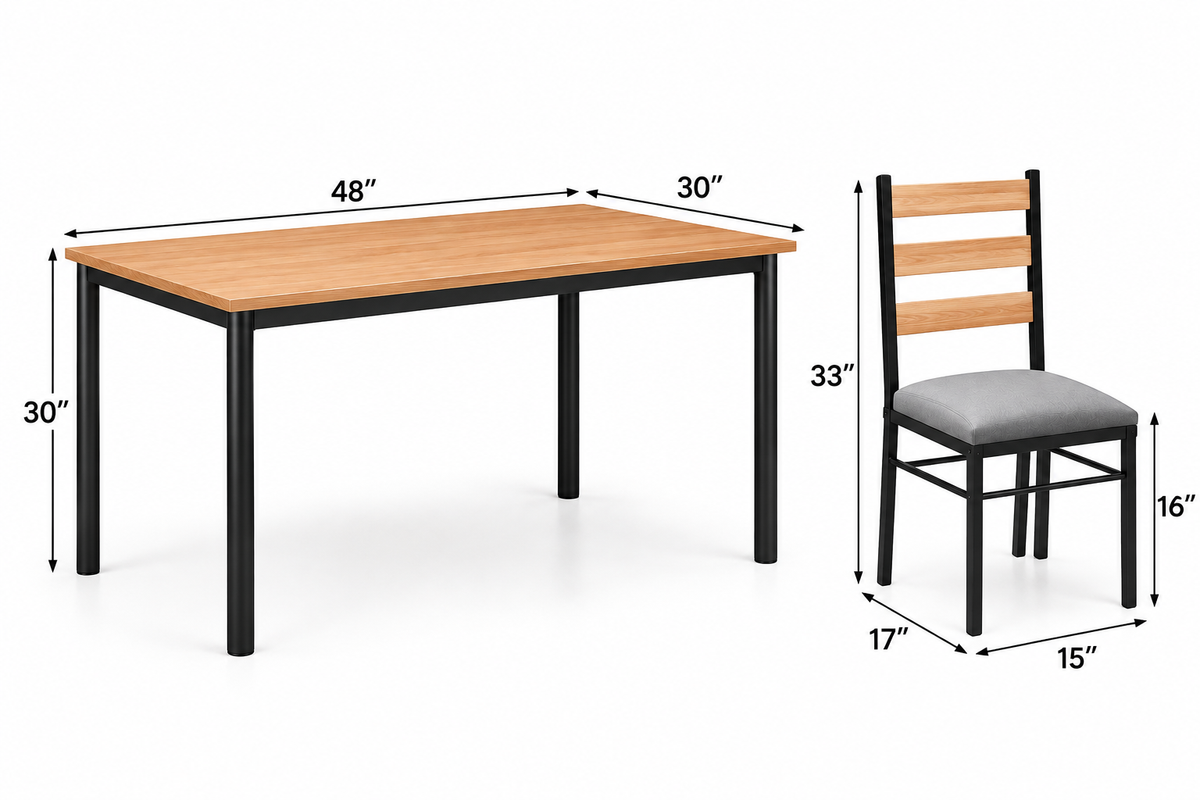4 Seater Dining Table Set for Home | 48 × 30 Inch Wooden Finish Dining Table with 4 Grey Cushioned Chairs | Strong Black Metal Frame | Modern Dining Set for 4