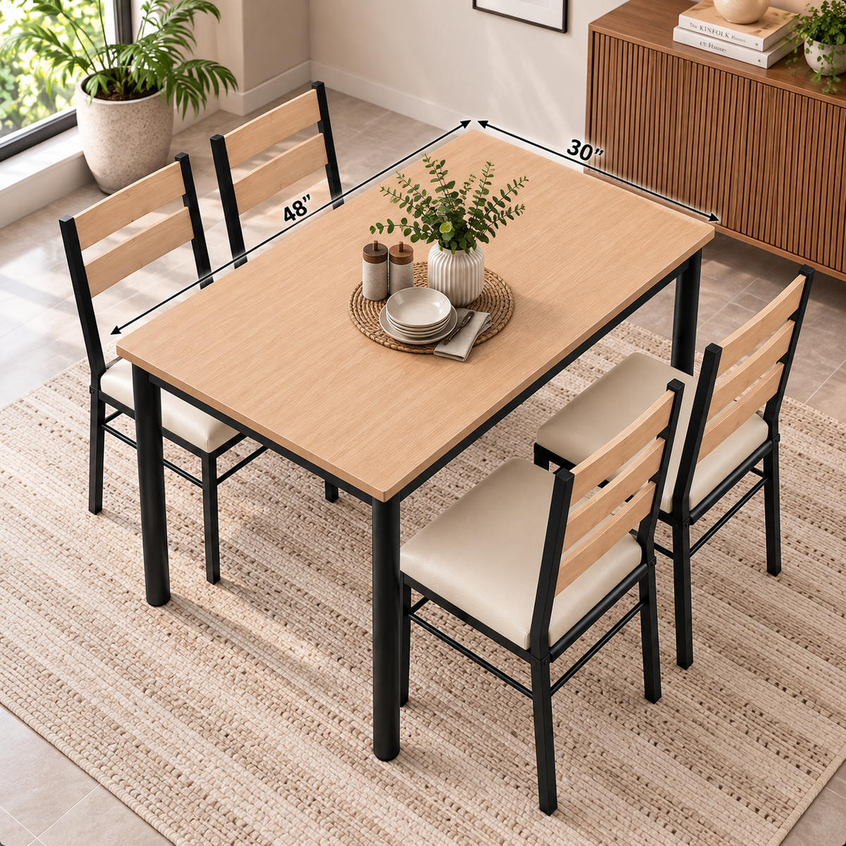 4 Seater Dining Table Set for Home | 48 × 30 Inch Dining Table with 4 Cushioned Chairs | Wooden Finish Table with 2 Inch Round Metal Frame | Modern Dining Set for 4