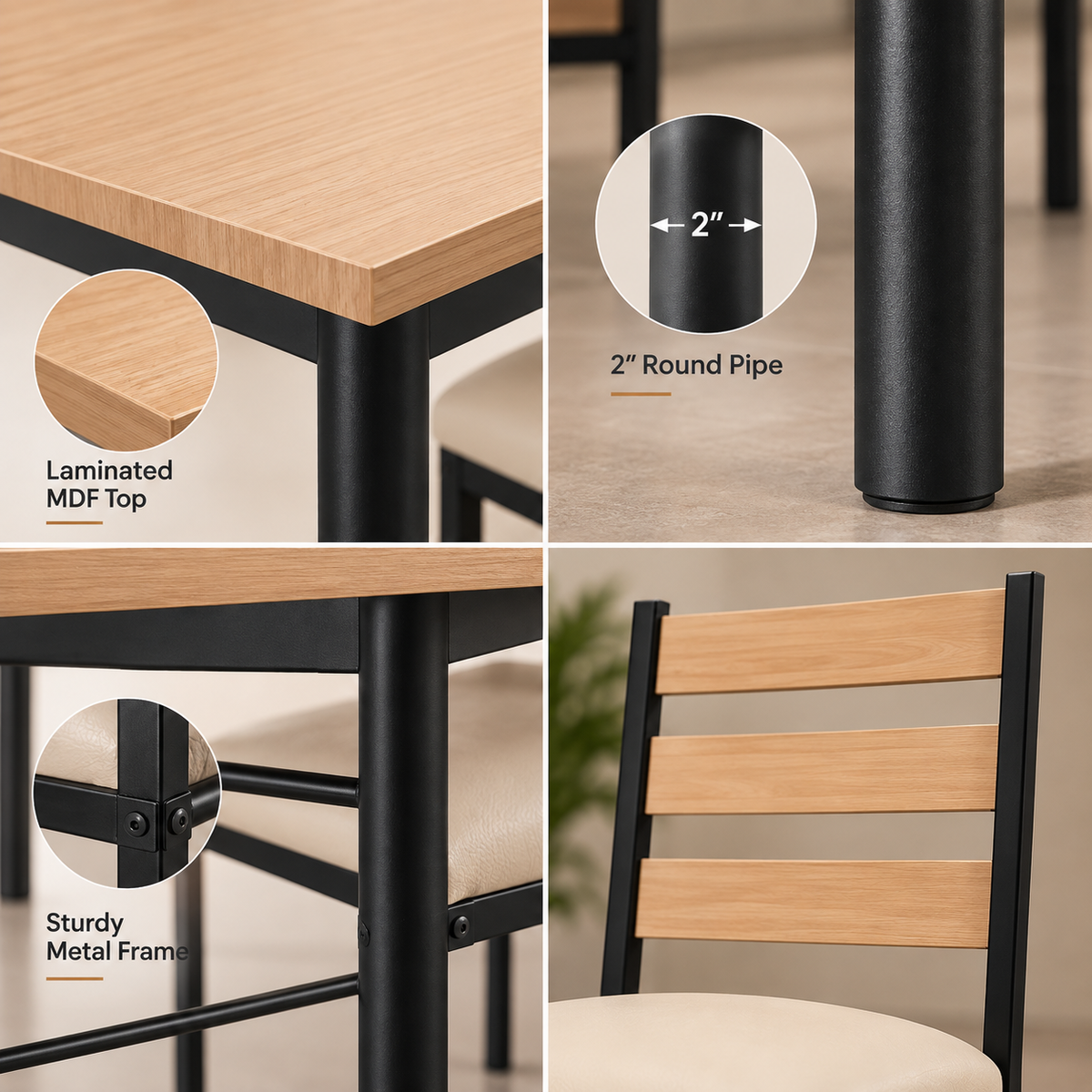 4 Seater Dining Table Set for Home | 48 × 30 Inch Dining Table with 4 Cushioned Chairs | Wooden Finish Table with 2 Inch Round Metal Frame | Modern Dining Set for 4