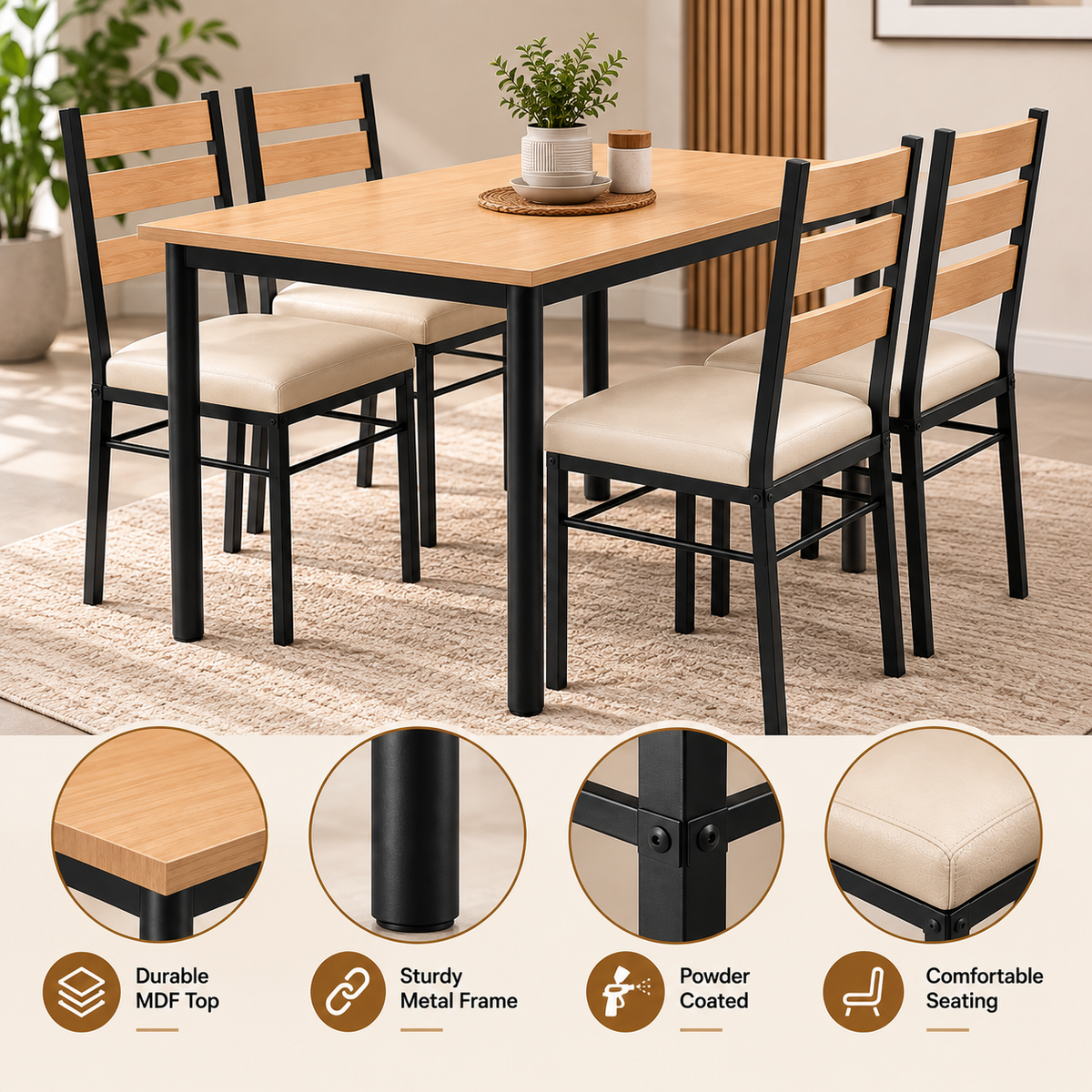 4 Seater Dining Table Set for Home | 48 × 30 Inch Dining Table with 4 Cushioned Chairs | Wooden Finish Table with 2 Inch Round Metal Frame | Modern Dining Set for 4