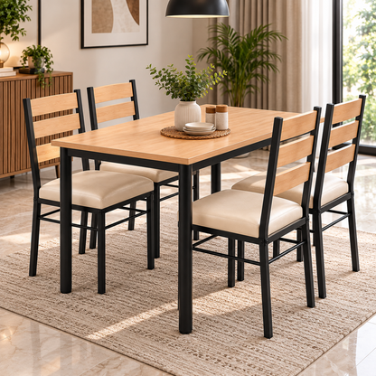 4 Seater Dining Table Set for Home | 48 × 30 Inch Dining Table with 4 Cushioned Chairs | Wooden Finish Table with 2 Inch Round Metal Frame | Modern Dining Set for 4