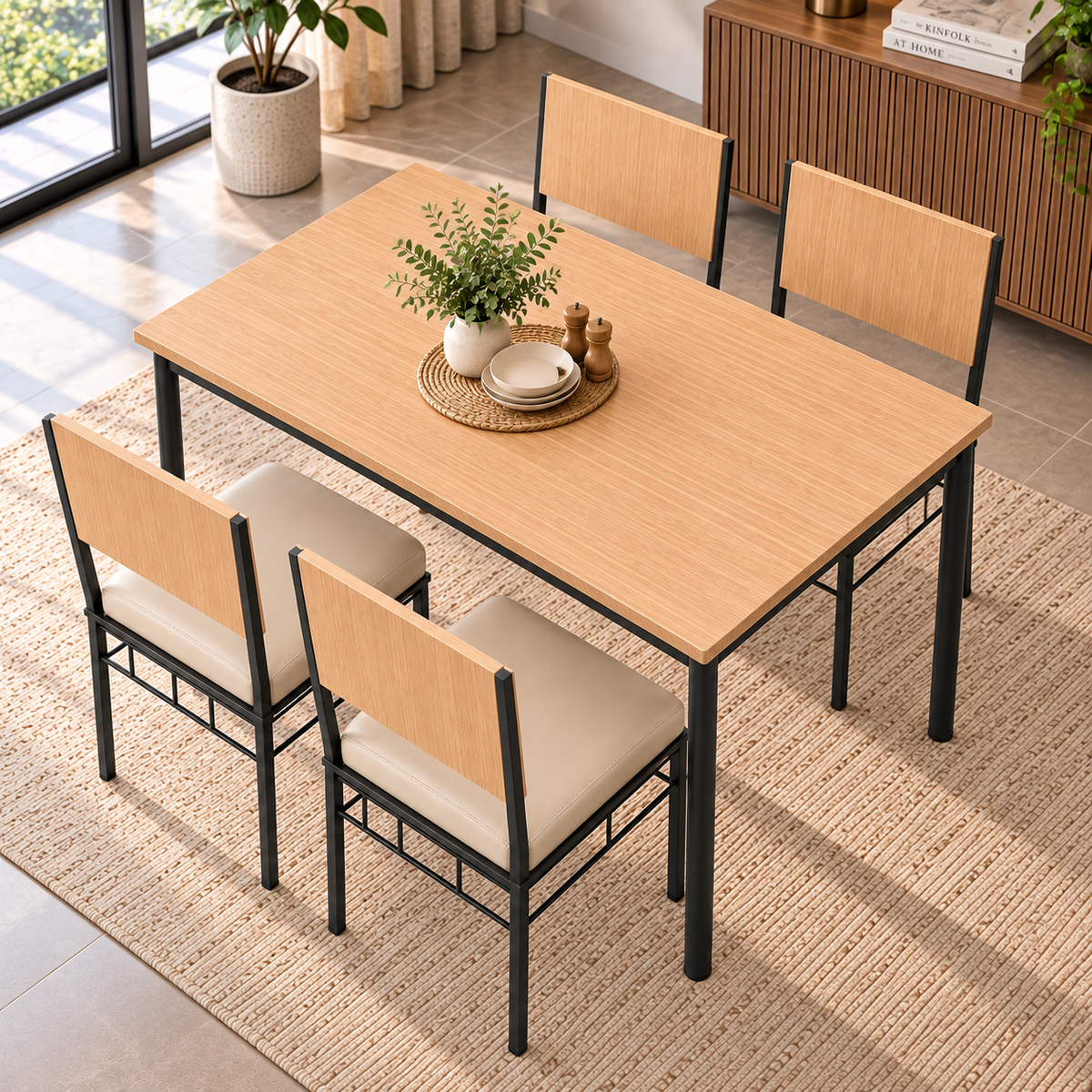 4 Seater Dining Table Set for Home | 48 × 30 Inch Dining Table with 4 Cushioned Chairs | Modern Wooden Finish Table with Strong Metal Frame | Dining Set for 4
