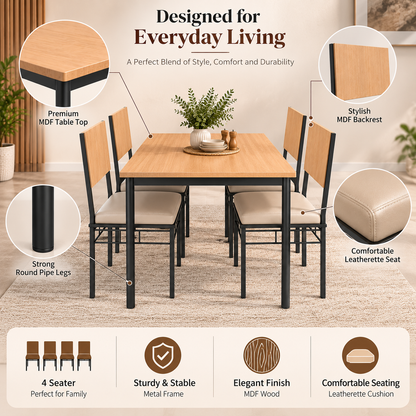 4 Seater Dining Table Set for Home | 48 × 30 Inch Dining Table with 4 Cushioned Chairs | Modern Wooden Finish Table with Strong Metal Frame | Dining Set for 4