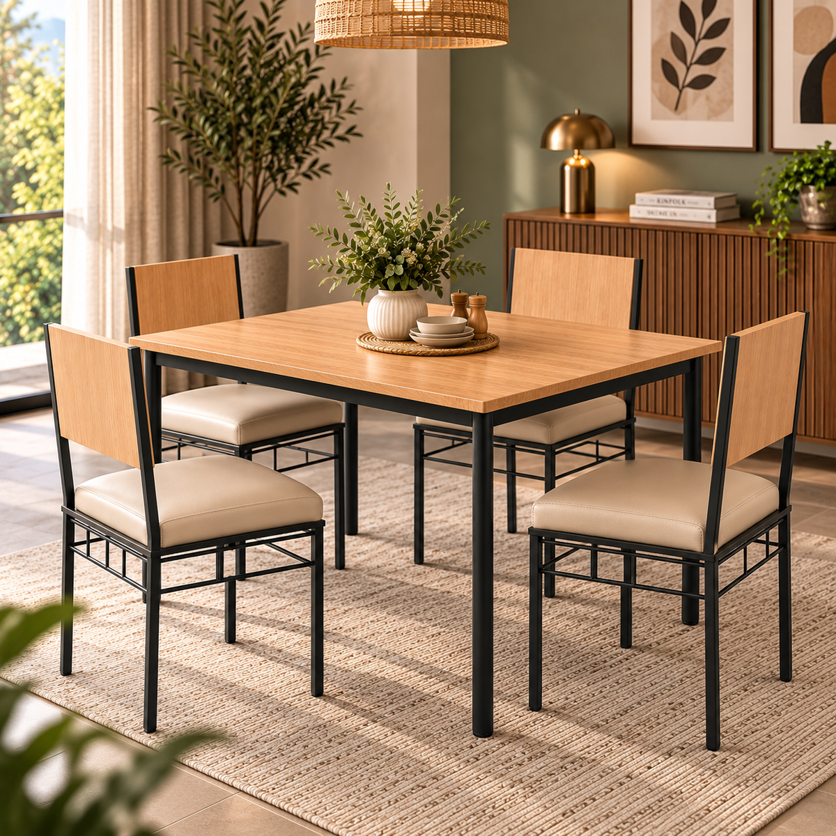 4 Seater Dining Table Set for Home | 48 × 30 Inch Dining Table with 4 Cushioned Chairs | Modern Wooden Finish Table with Strong Metal Frame | Dining Set for 4