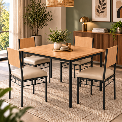 4 Seater Dining Table Set for Home | 48 × 30 Inch Dining Table with 4 Cushioned Chairs | Modern Wooden Finish Table with Strong Metal Frame | Dining Set for 4