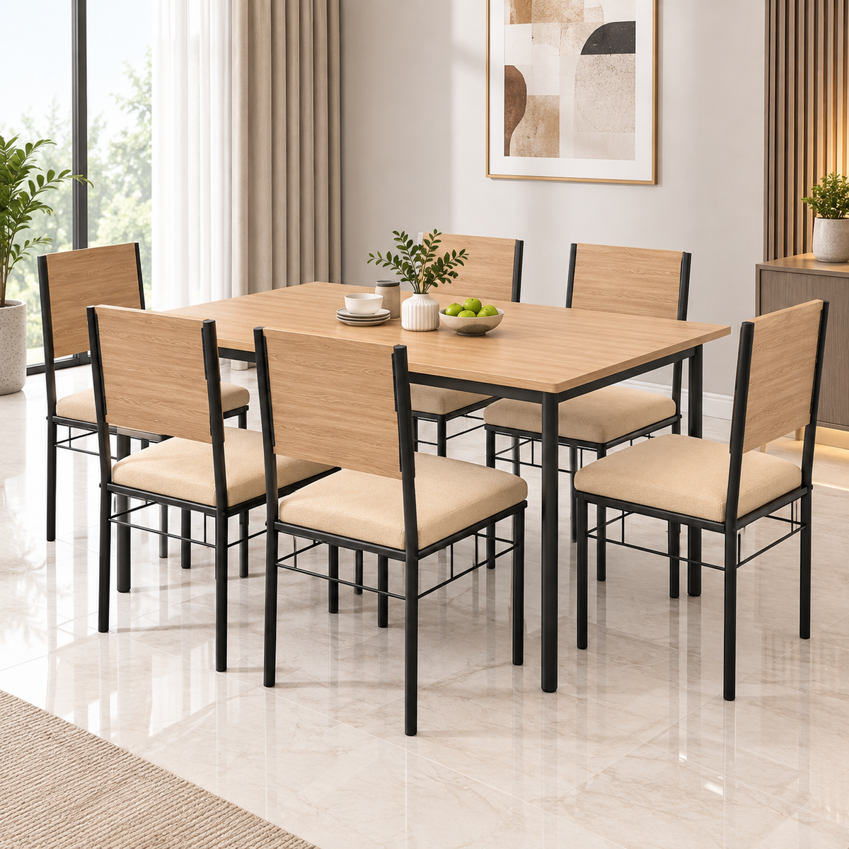 6 Seater Dining Table Set for Home | 60 × 36 Inch Dining Table with 6 Cushioned Chairs | Wooden Finish MDF Top with Strong Metal Frame | Modern Dining Set for 6
