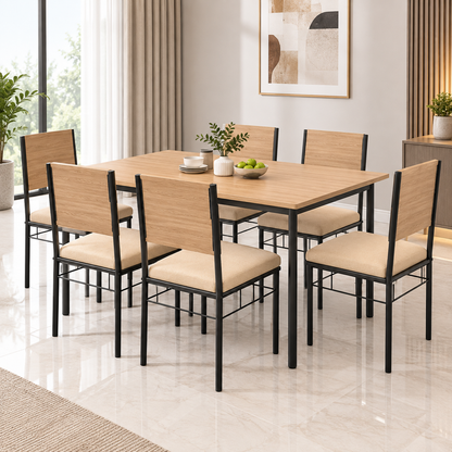 6 Seater Dining Table Set for Home | 60 × 36 Inch Dining Table with 6 Cushioned Chairs | Wooden Finish MDF Top with Strong Metal Frame | Modern Dining Set for 6