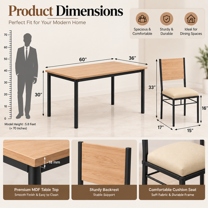 6 Seater Dining Table Set for Home | 60 × 36 Inch Dining Table with 6 Cushioned Chairs | Wooden Finish MDF Top with Strong Metal Frame | Modern Dining Set for 6