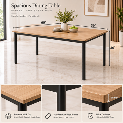 6 Seater Dining Table Set for Home | 60 × 36 Inch Dining Table with 6 Cushioned Chairs | Wooden Finish MDF Top with Strong Metal Frame | Modern Dining Set for 6