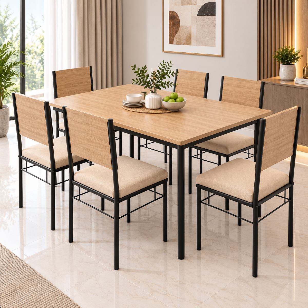 6 Seater Dining Table Set for Home | 60 × 36 Inch Dining Table with 6 Cushioned Chairs | Wooden Finish MDF Top with Strong Metal Frame | Modern Dining Set for 6