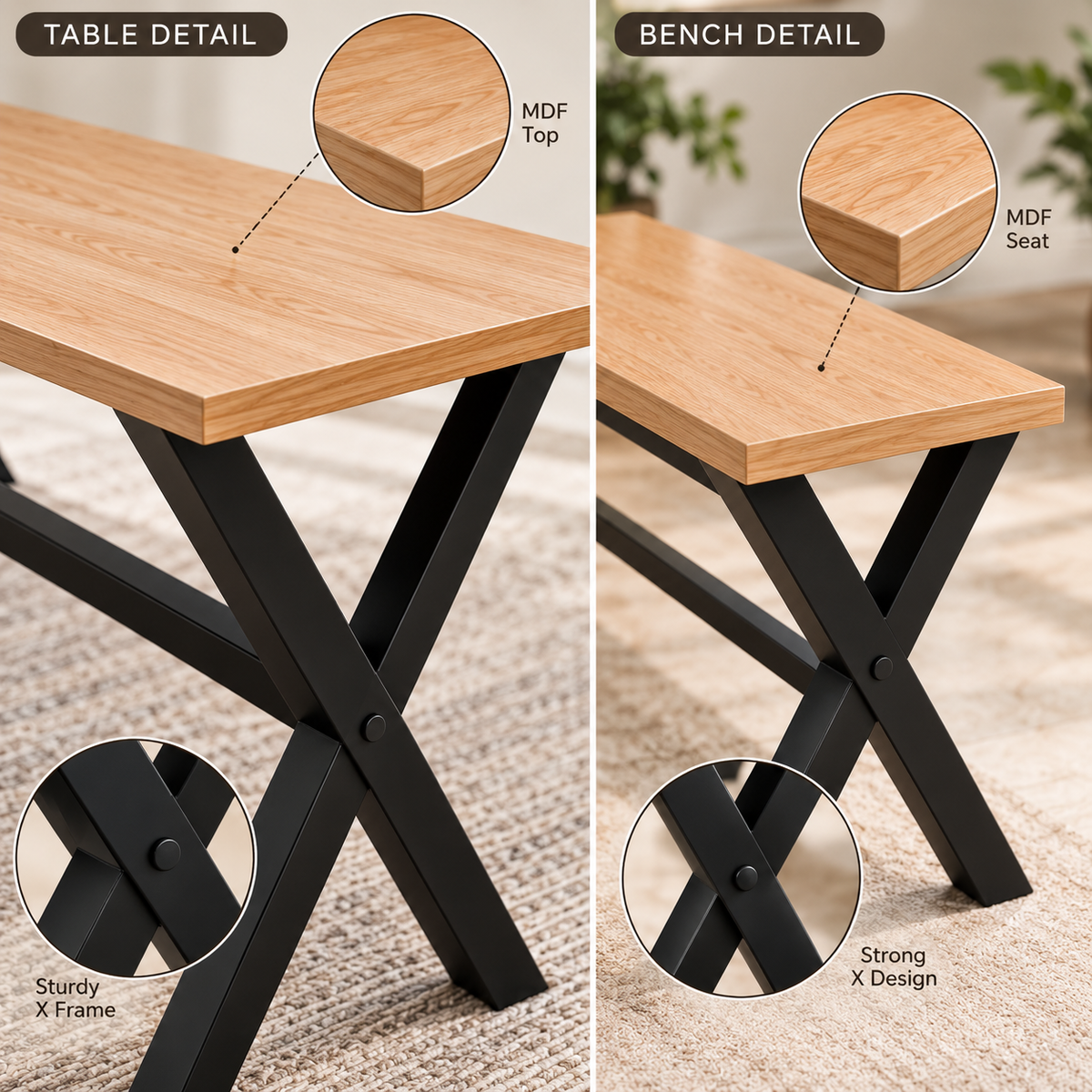 ANISHWAR 4 Seater Dining Set with Bench | Modern Metal Frame Dining Table Set