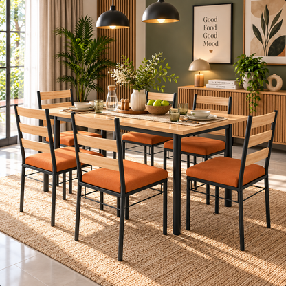 6 Seater Dining Table Set for Home | 60 × 36 Inch Wooden Finish Dining Table with 6 Orange Cushioned Chairs | Strong Black Metal Frame | Modern Dining Set for 6