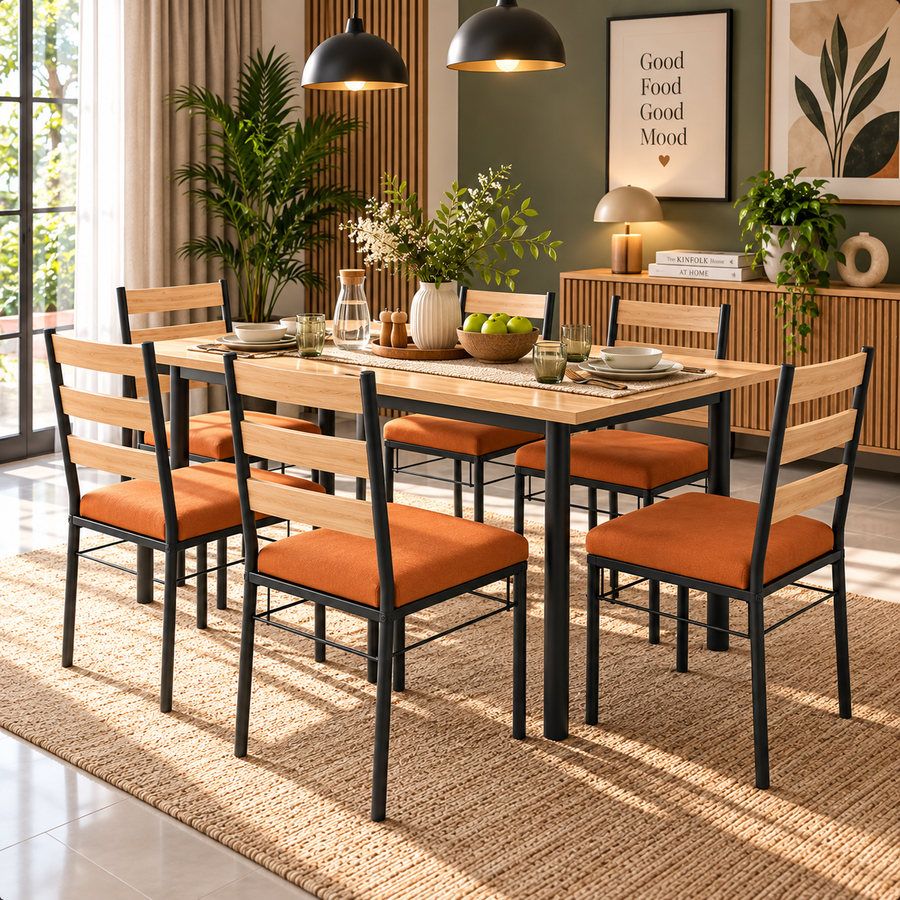 6 Seater Dining Table Set for Home | 60 × 36 Inch Wooden Finish Dining Table with 6 Orange Cushioned Chairs | Strong Black Metal Frame | Modern Dining Set for 6