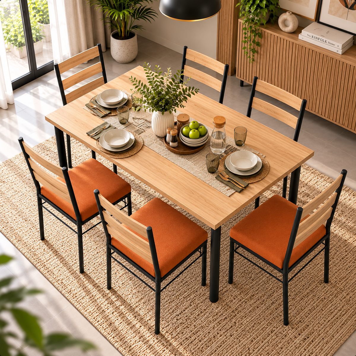6 Seater Dining Table Set for Home | 60 × 36 Inch Wooden Finish Dining Table with 6 Orange Cushioned Chairs | Strong Black Metal Frame | Modern Dining Set for 6